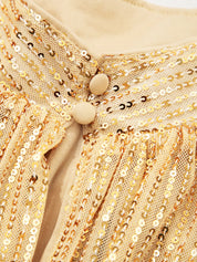 Gold sequined blouse with balloon sleeves, wooden buttons, ruffled hem