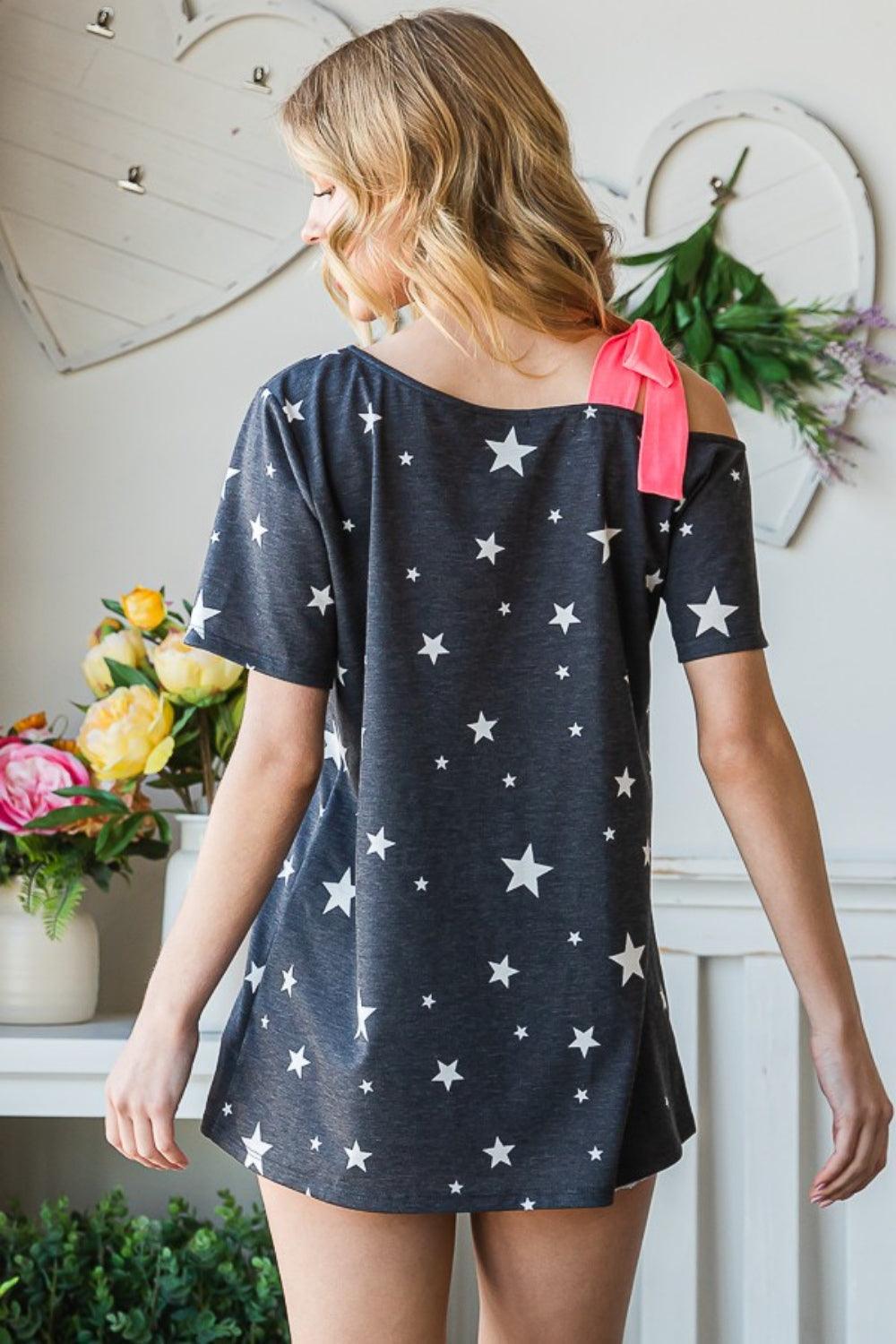 Star Print Asymmetrical Neck Short Sleeve Top Short Sleeve Tops