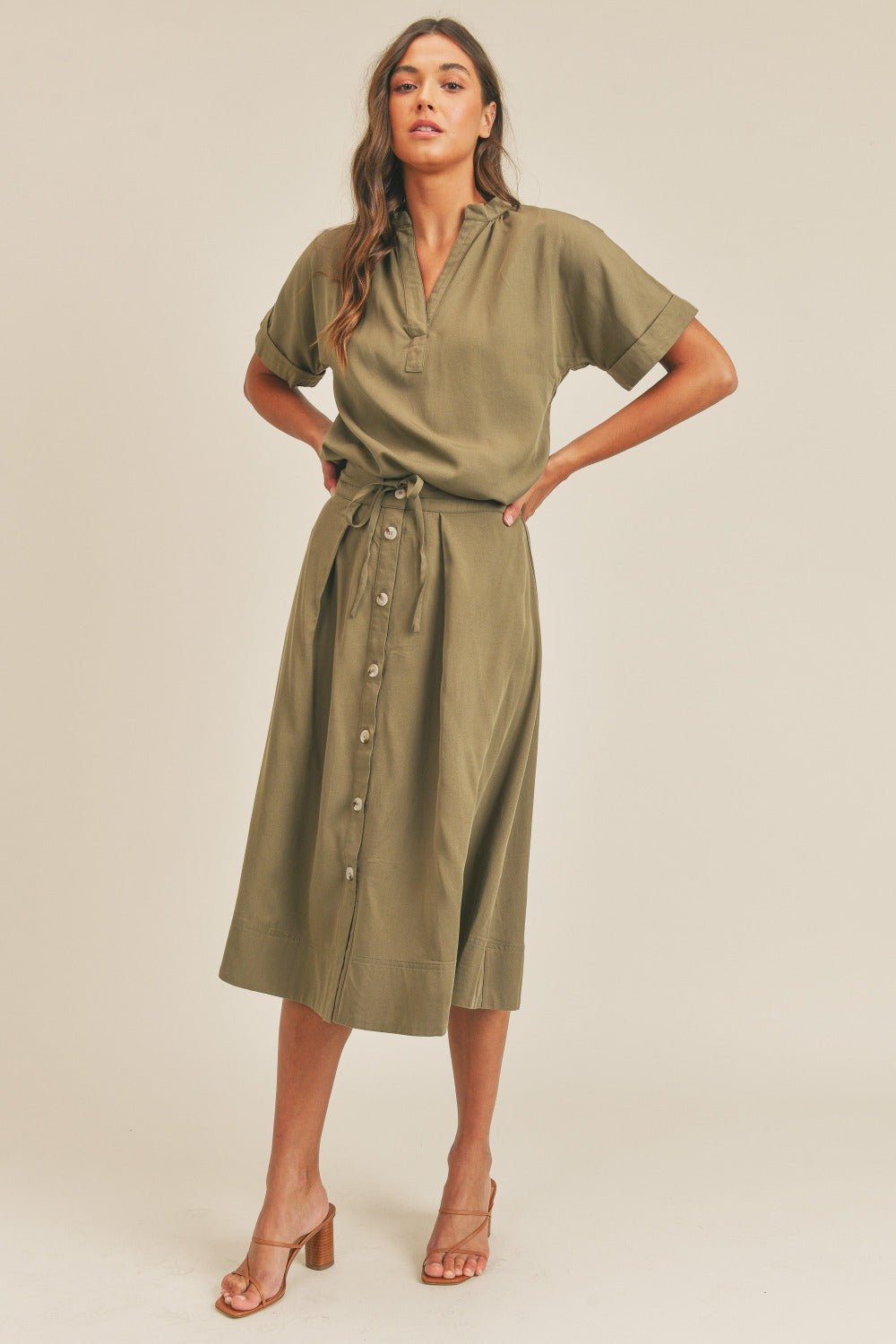 MABLE Short Sleeve Top and Button Down Midi Skirt Set Skirts