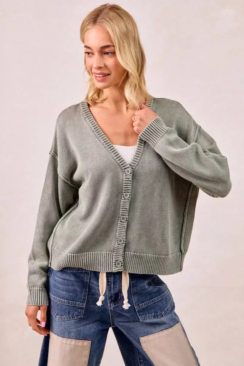 BiBi Washed Sweater V Neck Cardigan - DAVERRI FASHIONS