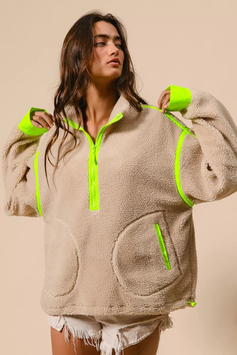 BiBi Contrast Edge Half Zip Up Sherpa Jacket | Jackets Daverri Fashions