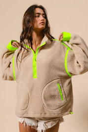 BiBi Contrast Edge Half Zip Up Sherpa Jacket | Jackets Daverri Fashions