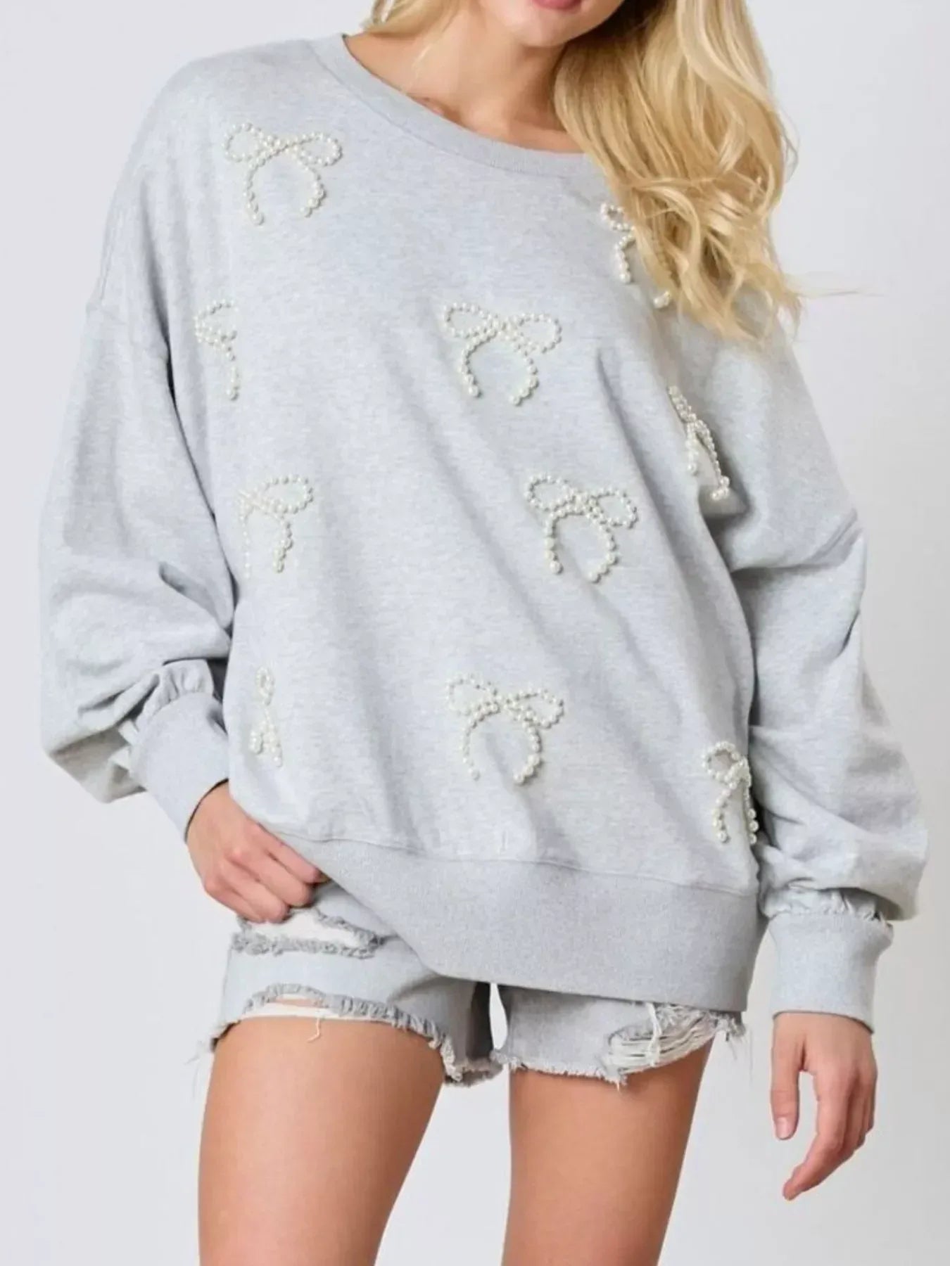 Pearl Embellished Bow Long Sleeve Sweatshirt - DAVERRI FASHIONS