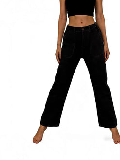 Black high-waisted wide-leg jeans with contrast stitching and front pockets