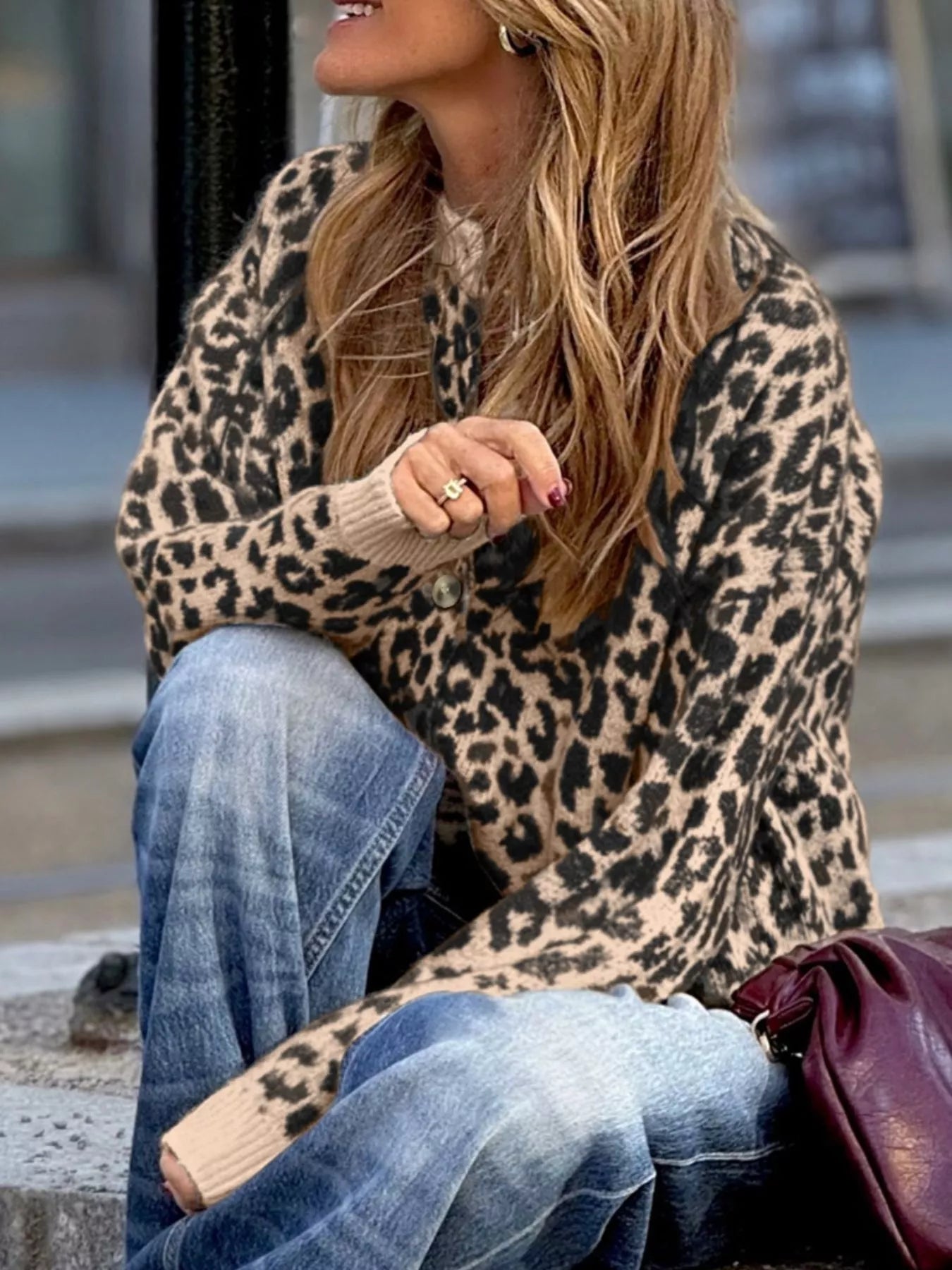 Leopard Drop Shoulder Chunky Knitted Cardigan | Cardigans Daverri Fashions