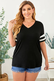 Black Plus Size Striped V-Neck Tee Shirt | T-Shirts Daverri Fashions