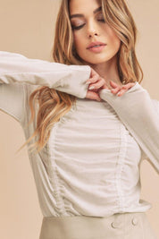 Aemi + Co Ruched Front Round Neck Long Sleeve T-Shirt | T-Shirts Daverri Fashions