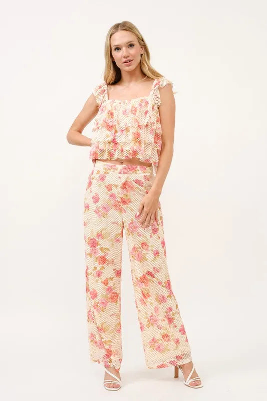 And The Why Tiered Ruffled Floral Fishnet Top MULTI