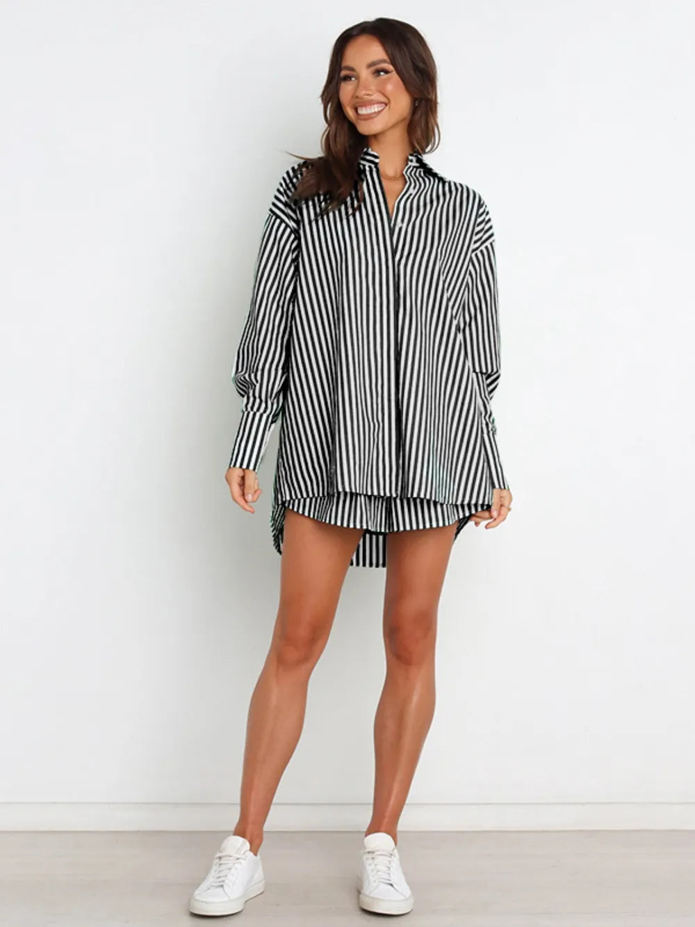 Black and white striped oversized shirt dress with relaxed fit