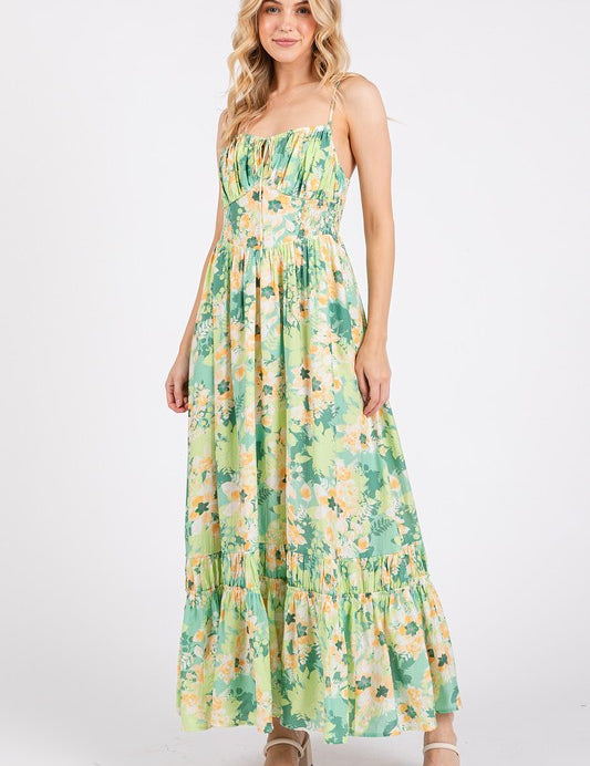 Mittoshop Floral Smocked Back Ruffled Hem Maxi Cami Dress Apple Green