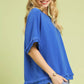 Umgee linen frayed hem scallop edge top in vibrant cerulean blue