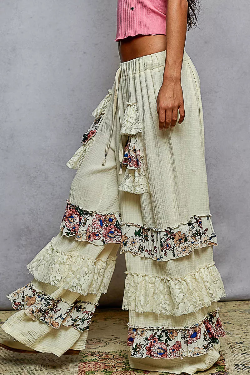 POL Drawstring Double Gauze Wide Leg Pants with Print and Lace Ruffle | Pants Daverri Fashions