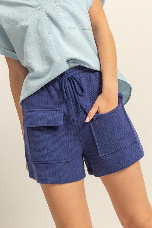 HYFVE Drawstring Waffle Knit Front Pocket Shorts Dark Blue M Shorts