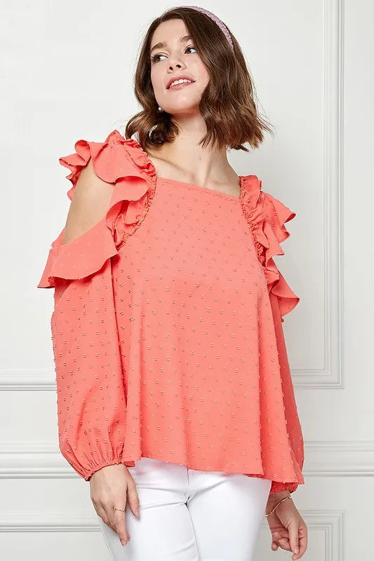 Lime 'N' Chili Ruffle Trim Cold Shoulder Swiss Dot Blouse