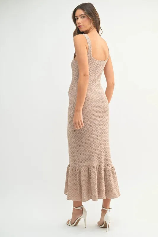 MABLE Ruffled Hem Sleeveless Crochet Knit Midi Dress Midi Dresses