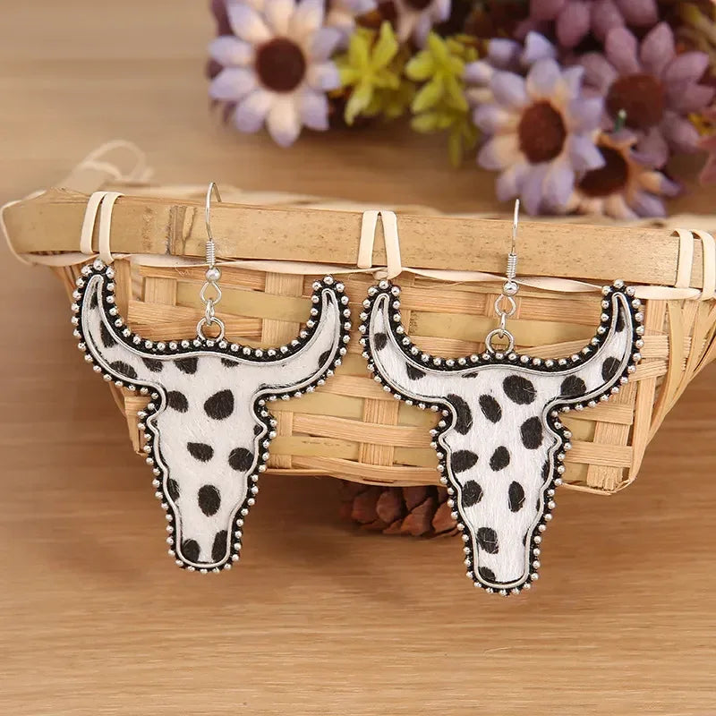 Alloy Animal Print Cow Head Earrings - DAVERRI FASHIONS