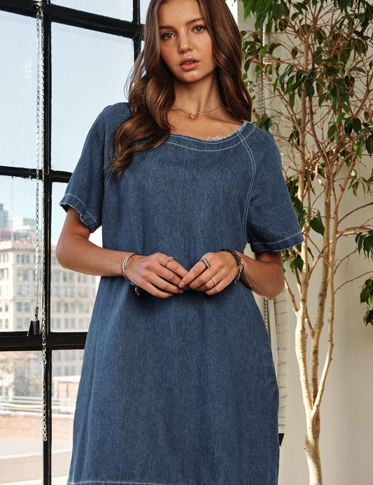 ADORA Raw Hem Mini Denim Dress with Pockets Dark