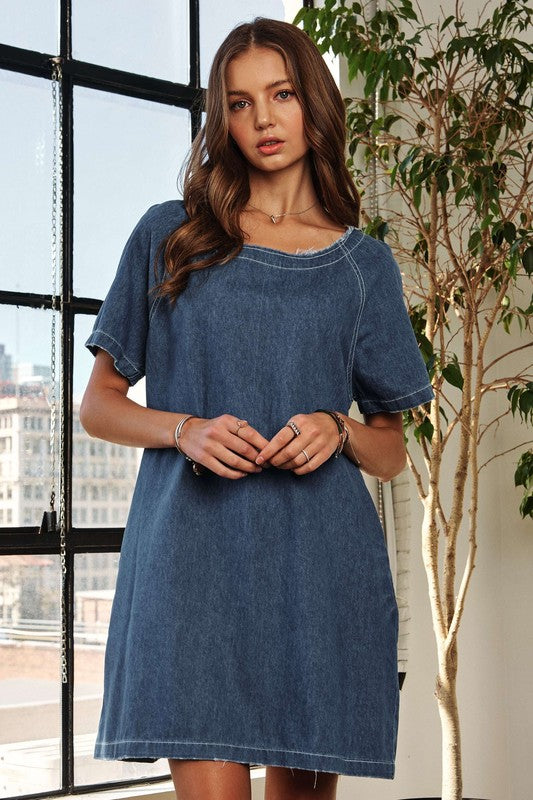 ADORA Raw Hem Mini Denim Dress with Pockets Dark Mini Dresses