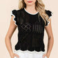 Mittoshop Openwork Contrast Trim Ruffled Cap Sleeve Knit Top Black Tops