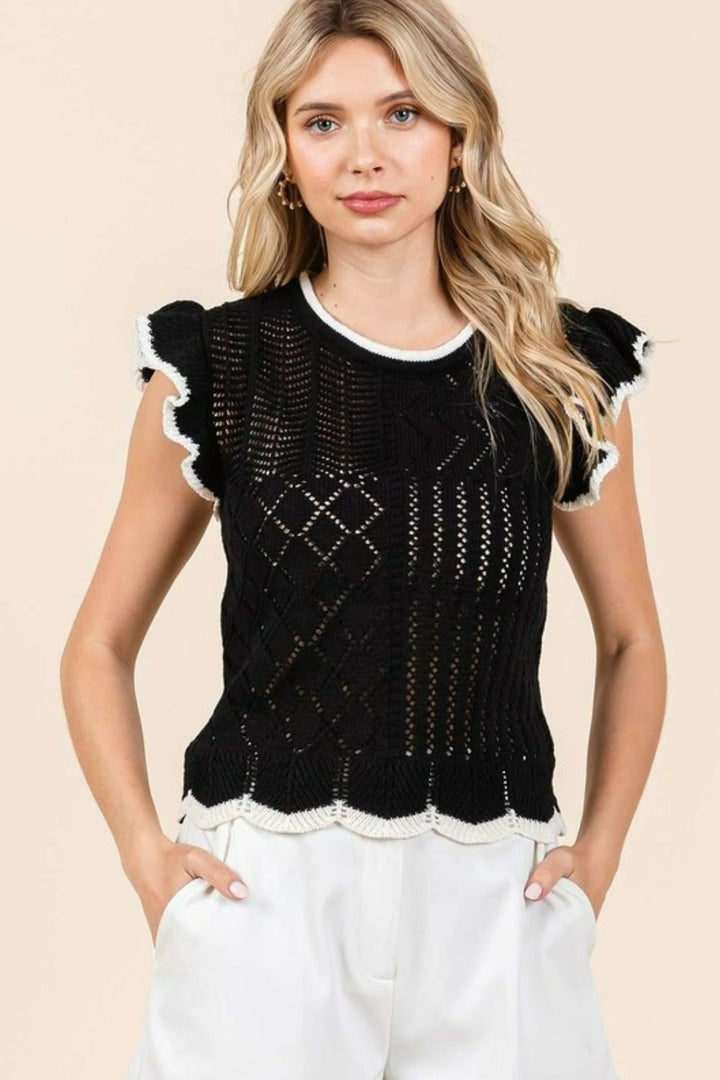 Mittoshop Openwork Contrast Trim Ruffled Cap Sleeve Knit Top Black Tops