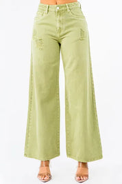 American Bazi High Waist Distressed Wide Leg Jeans Yellow-Green Jeans