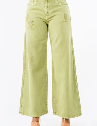 American Bazi High Waist Distressed Wide Leg Jeans Yellow-Green Jeans