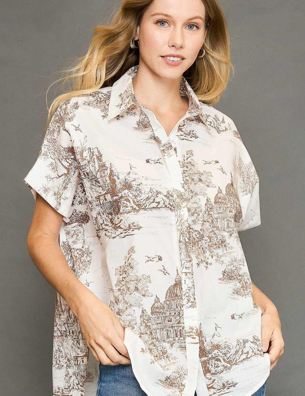 Khaki Umgee Full Size Two Tone Print Button Up Short Sleeve Shirt Plus Size | Daverri Fashions