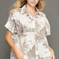 Umgee Full Size Two Tone Print Button Up Short Sleeve Shirt Plus Size Khaki