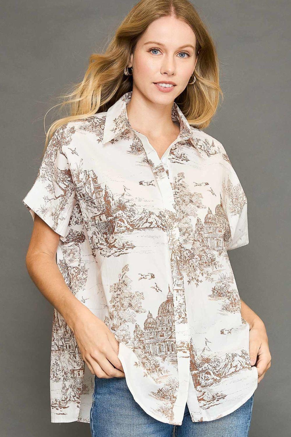 Umgee Full Size Two Tone Print Button Up Short Sleeve Shirt Plus Size Khaki