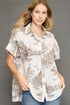 Umgee Full Size Two Tone Print Button Up Short Sleeve Shirt Plus Size Khaki