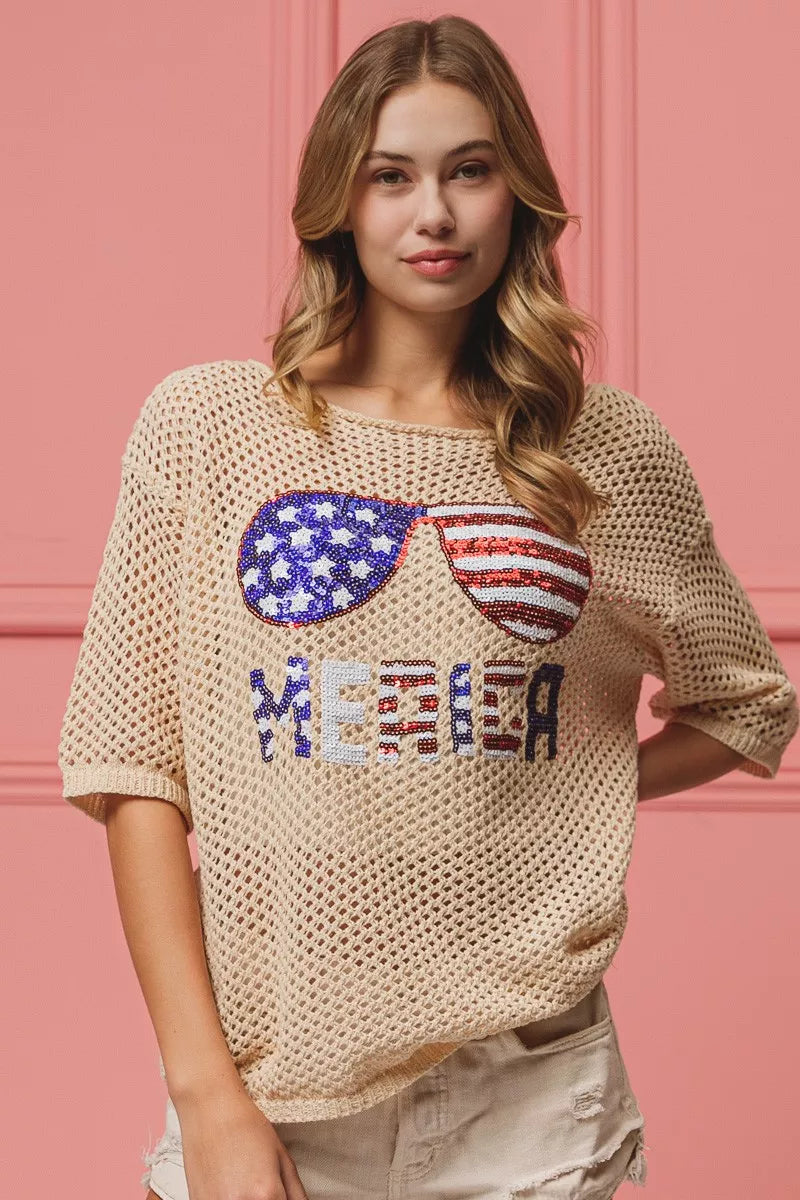 BiBi sequin American flag sunglasses knit cover up with America sweater design
