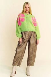 Davi & Dani Flower Contrast Round Neck Long Sleeve Cardigan | Cardigans Daverri Fashions