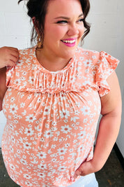 Peach Floral Print Frilled Short Sleeve Yoke Top | Daverri Fashions