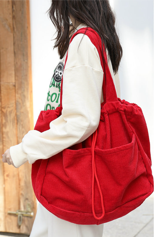 Drawstring Multi-pocket Corduroy Shoulder Bag | Handbags Daverri Fashions