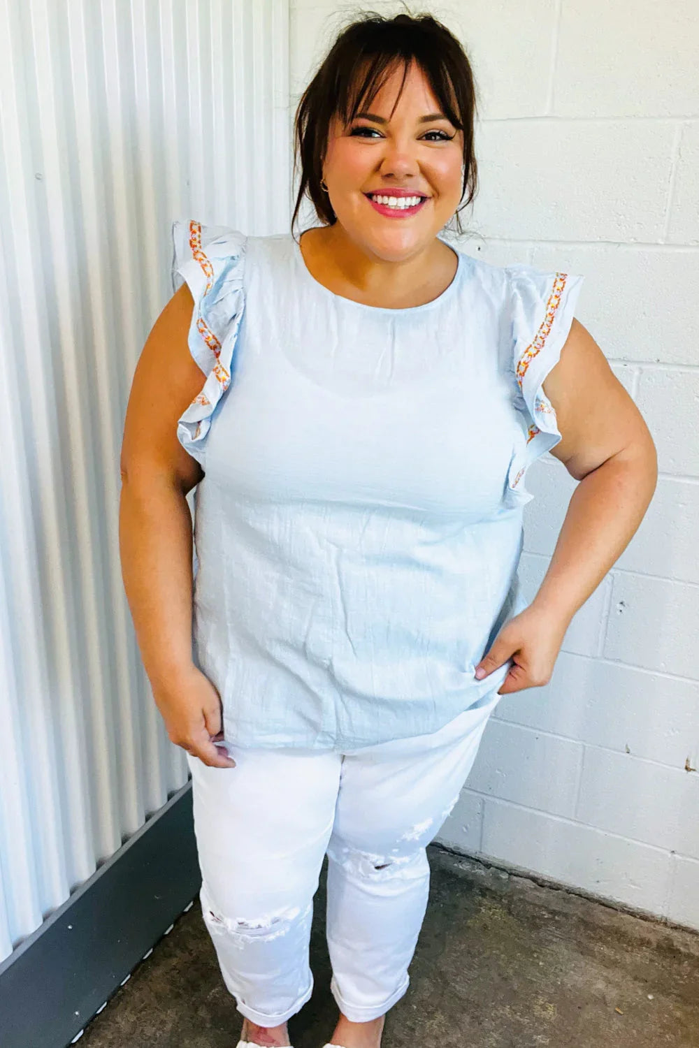 Chambray Embroidered Flutter Sleeve Top | Daverri Fashions