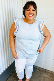 Chambray Embroidered Flutter Sleeve Top | Daverri Fashions