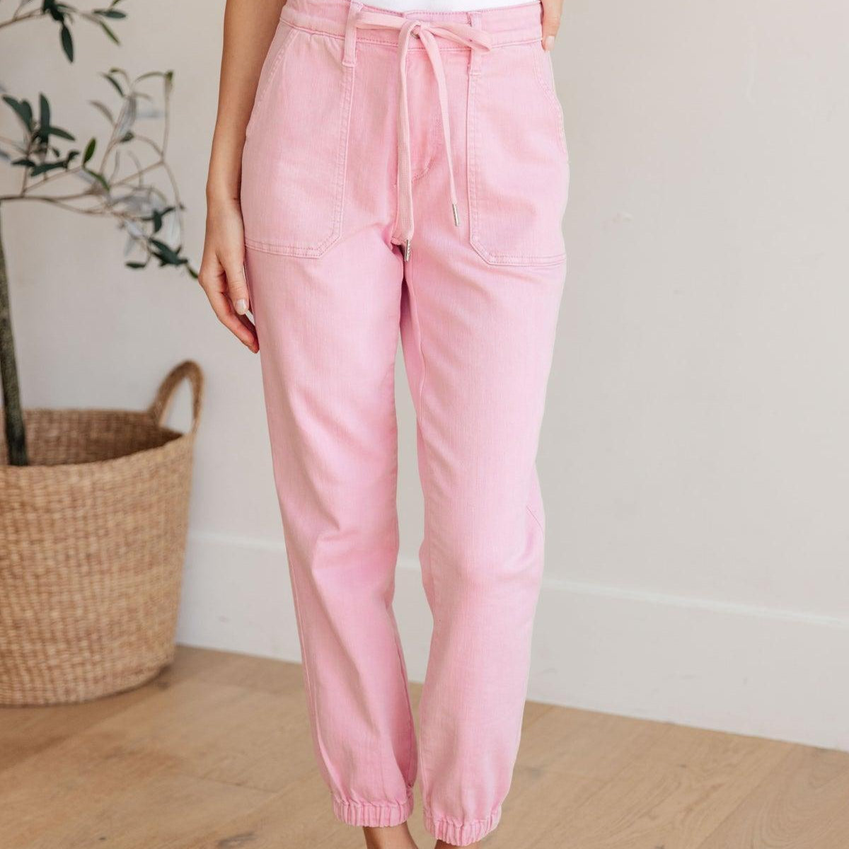 High Rise Pink Denim Joggers | Denim Joggers Daverri Fashions