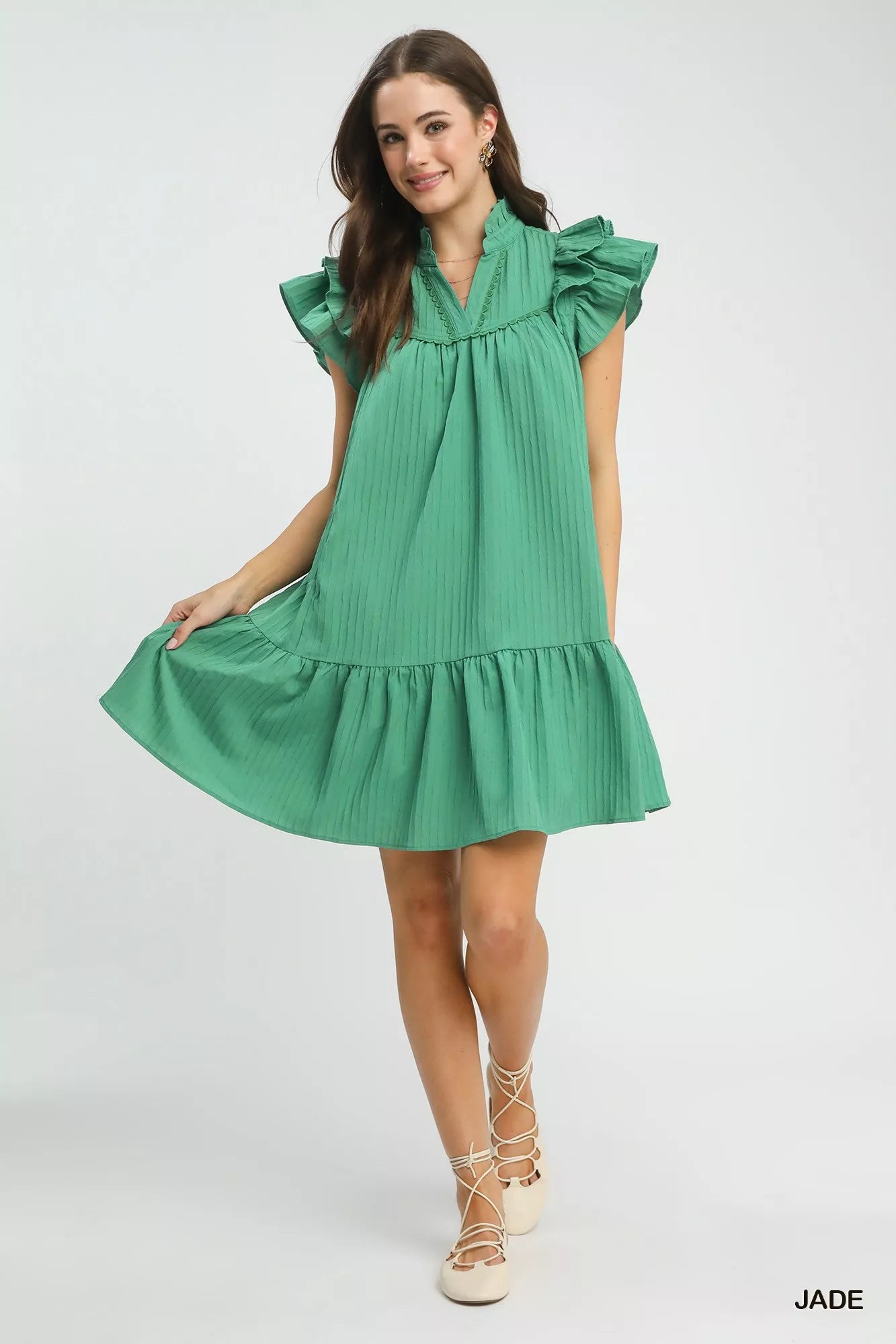 Umgee Flutter Sleeve Tiered Dress in vibrant emerald green