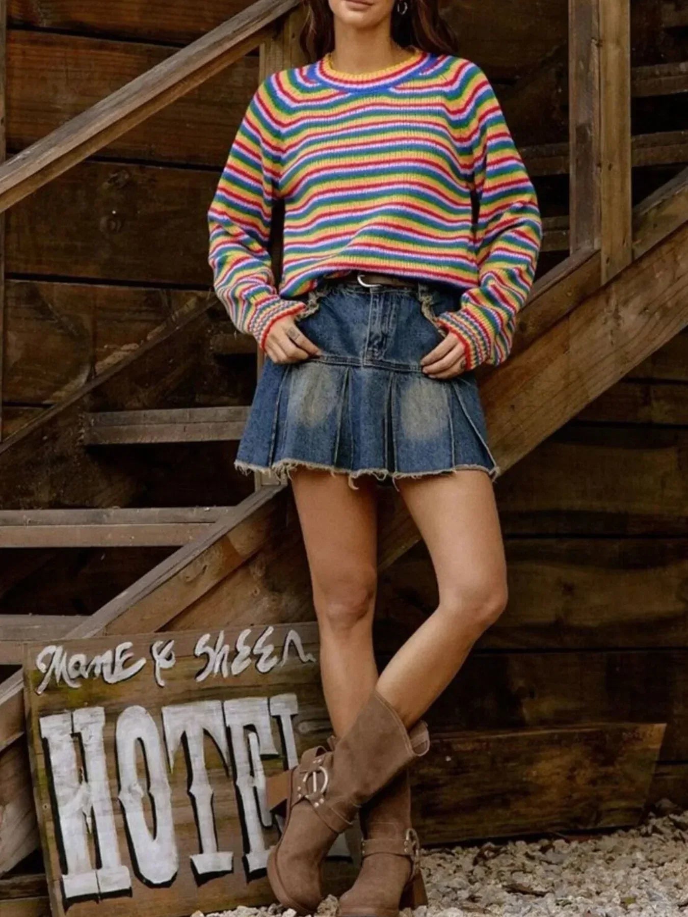 Rainbow Striped Pullover Sweater - DAVERRI FASHIONS