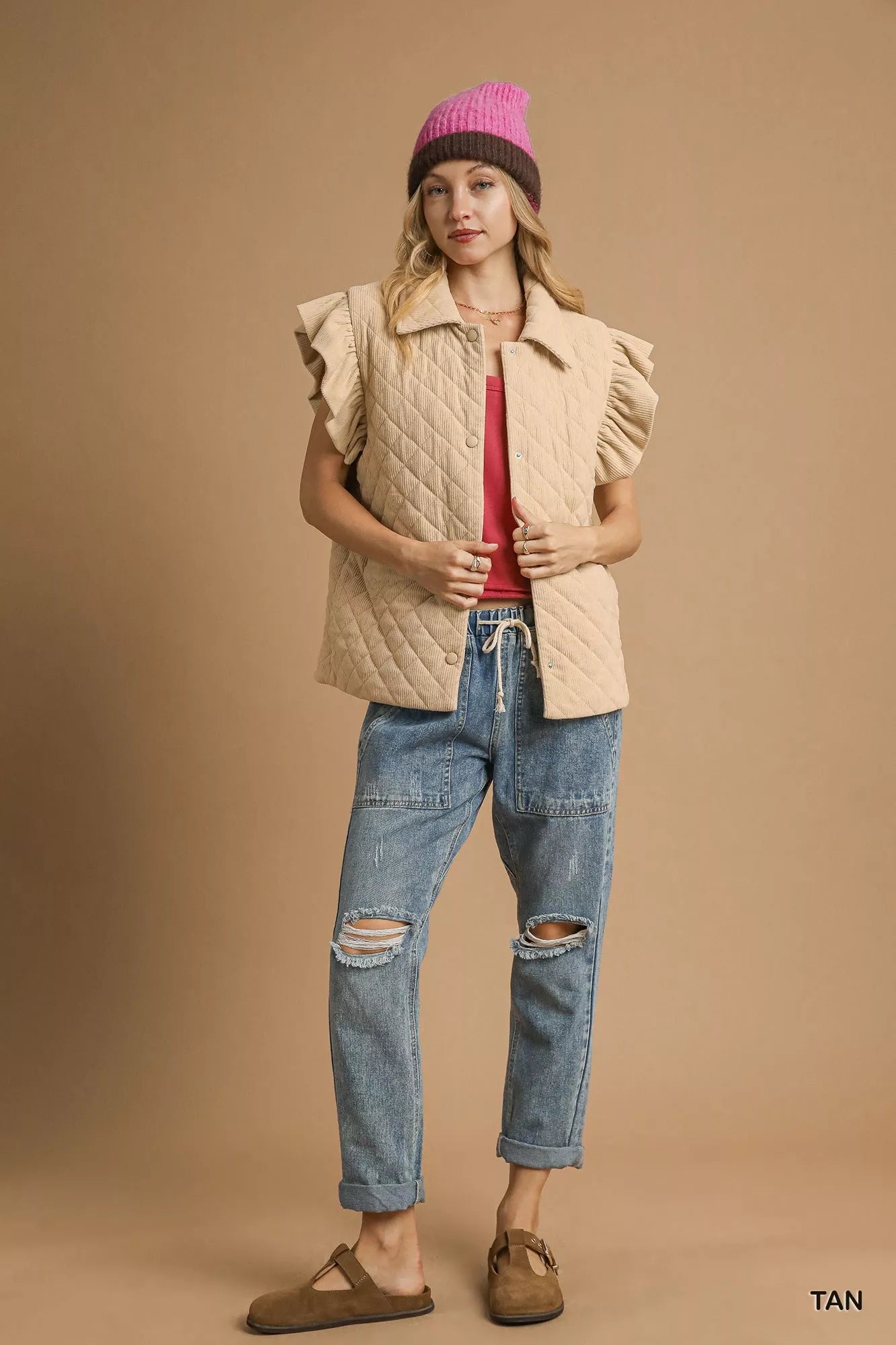 Umgee beige corduroy quilted vest with ruffle sleeves and collar