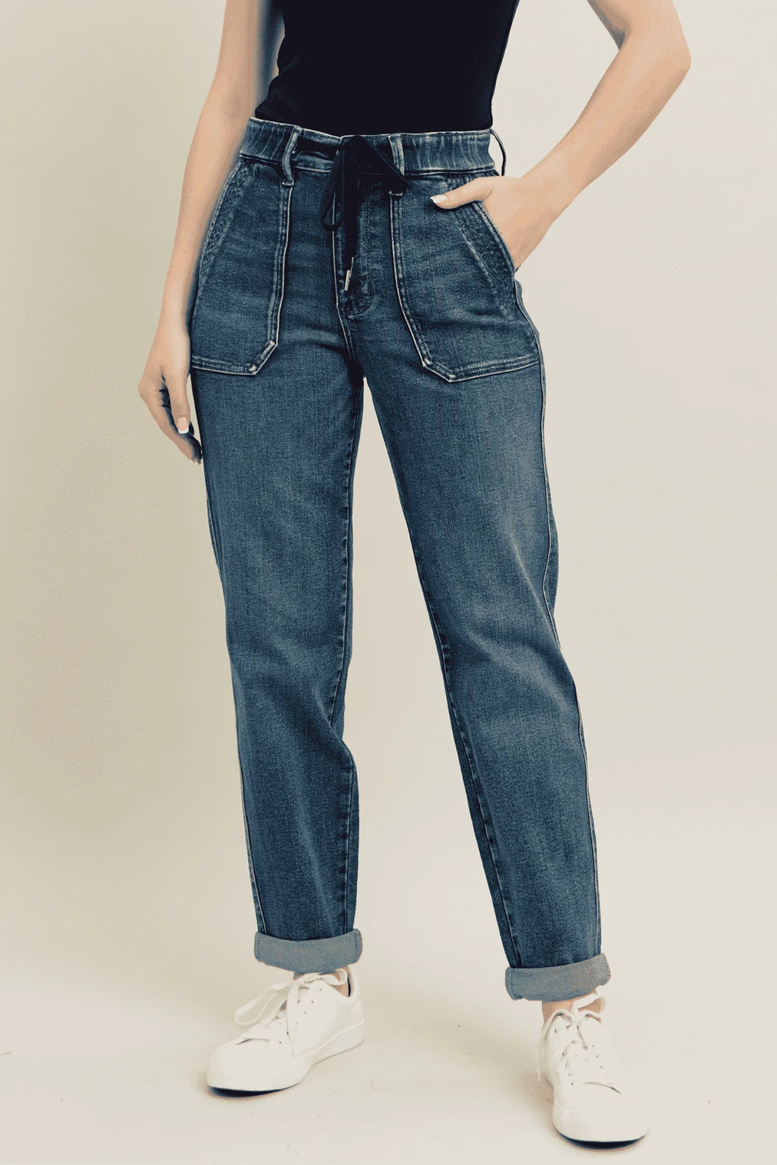 Judy Blue Full Size HW Vintage Wash Jeans w/ Drawstring Dark Jeans