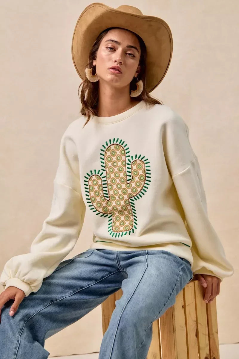 BiBi Cactus Embroidered Fleece Sweatshirt - DAVERRI FASHIONS
