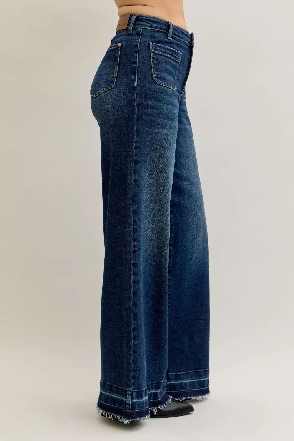 Judy Blue High Waist Palazzo Jeans with Front Patch Pockets - DAVERRI FASHIONS