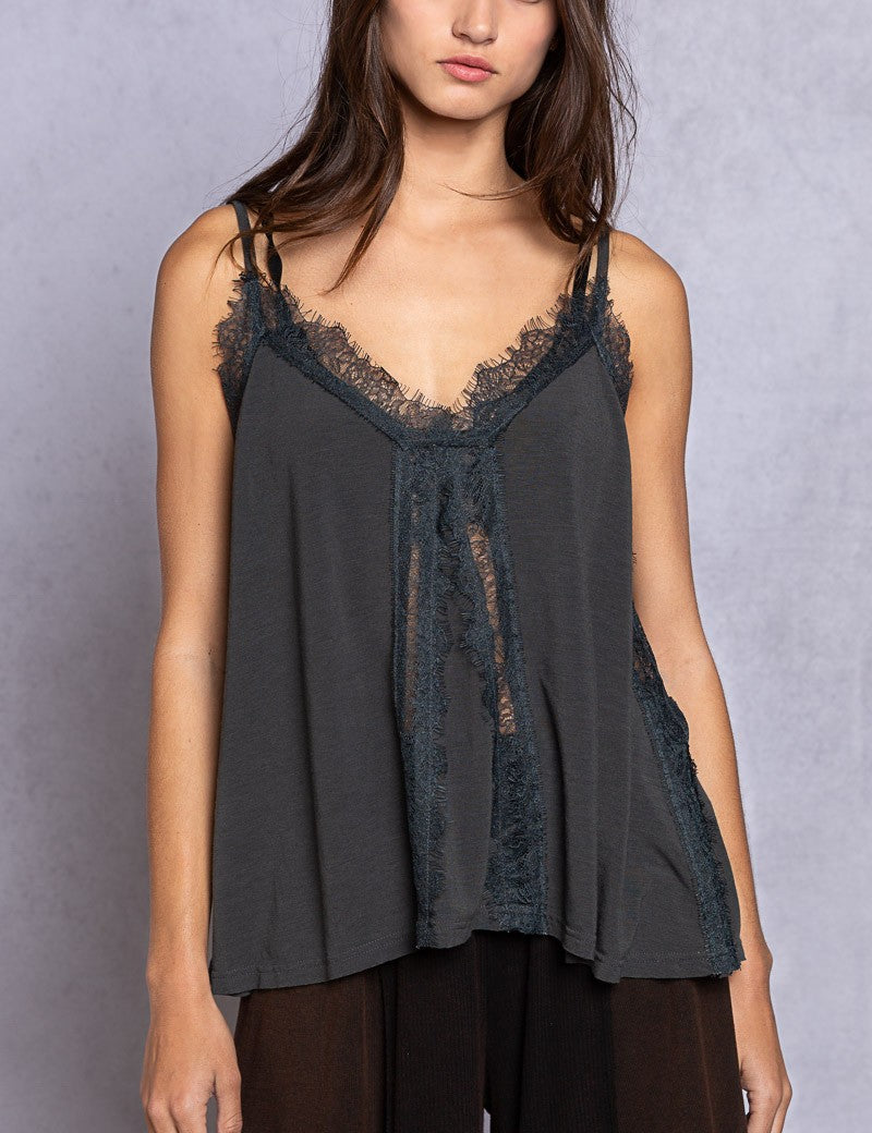 POL Lace Detail V-Neck Cami Dark Gray