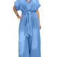 Light blue short-sleeve Daverri Fashions denim jumpsuit with tied waist
