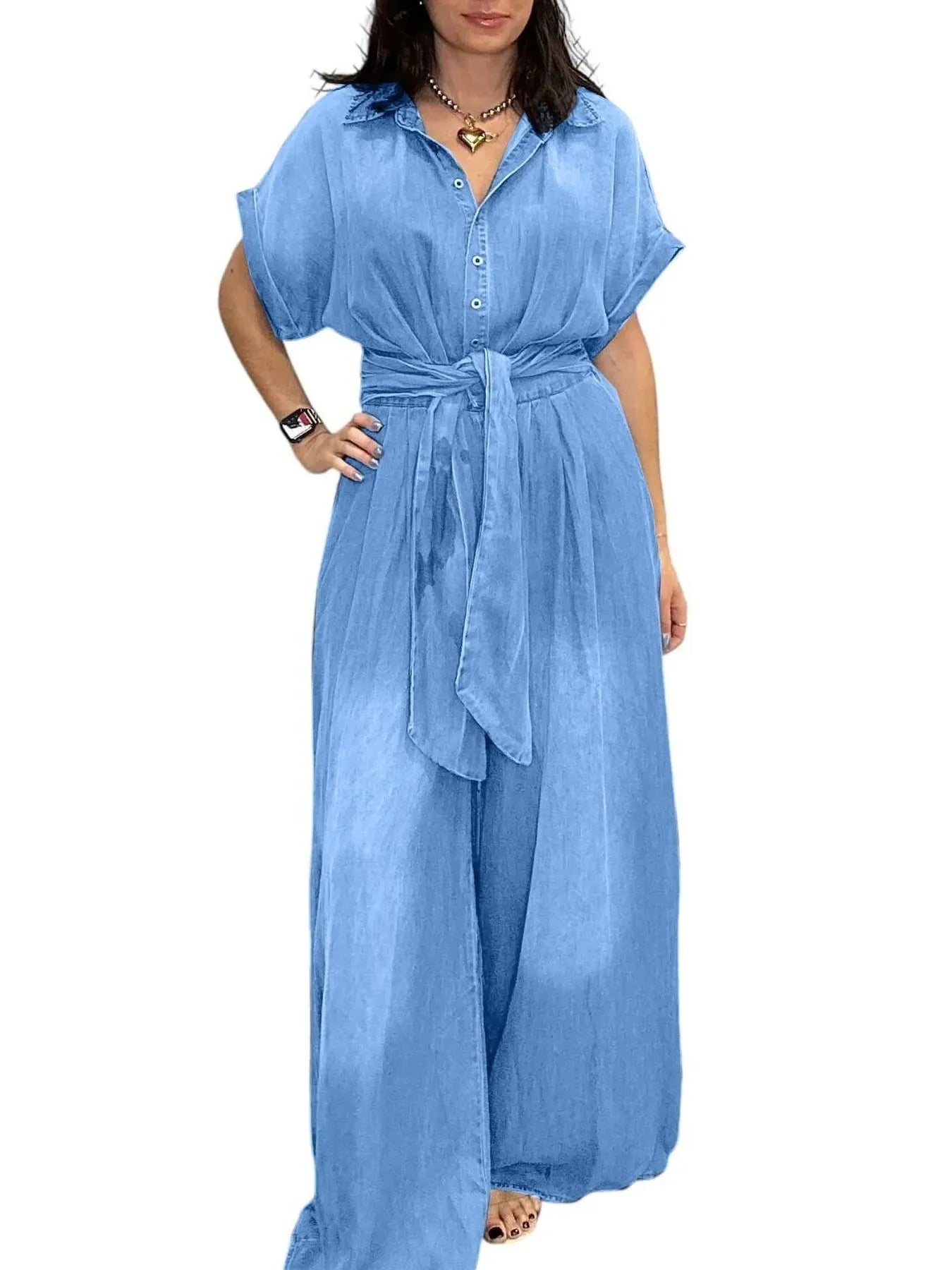 Light blue short-sleeve Daverri Fashions denim jumpsuit with tied waist