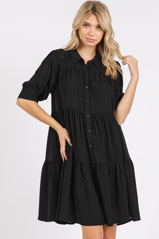 Mittoshop Button Detail Collared Neck Tiered Shirt Dress Black