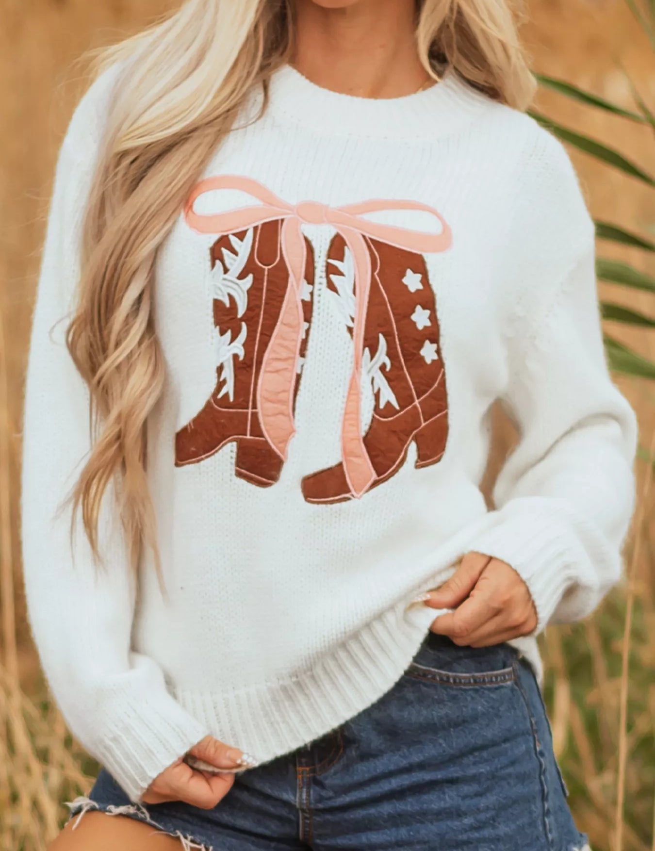 Embroidered Bow Boots Graphic Drop Shoulder Sweater | Sweaters Daverri Fashions