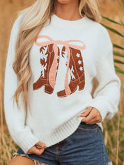 Embroidered Bow Boots Graphic Drop Shoulder Sweater | Sweaters Daverri Fashions