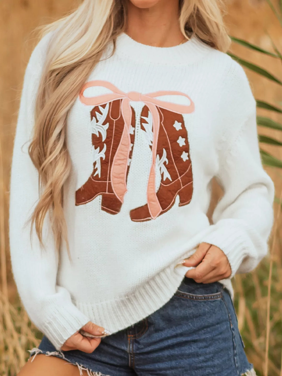 Embroidered Bow Boots Graphic Drop Shoulder Sweater | Sweaters Daverri Fashions